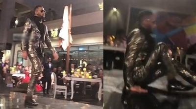 سقوط محمد رمضان على الارض خلال تسلمه لجائزة في دبي 